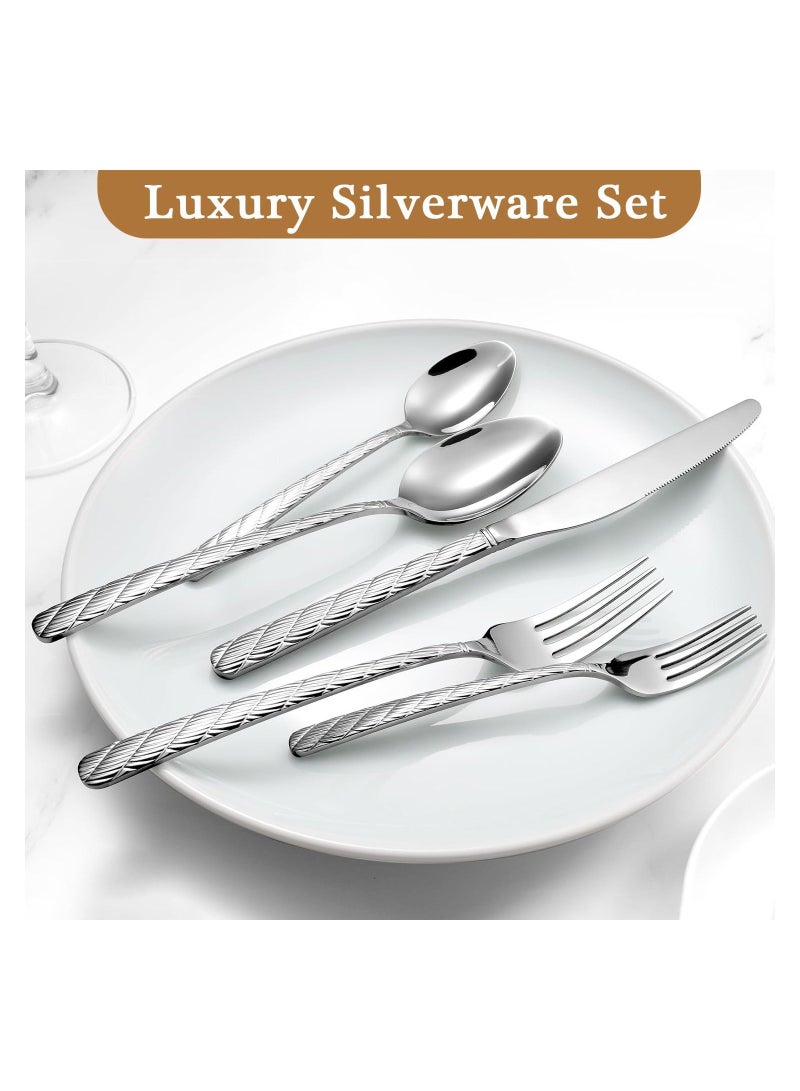 شو وو 5 Pieces Luxury Hammered Silverware Set, Flatware Set Service for 6, 18/10 Premium Stainless Steel, Mirror Polished Cutlery Utensil Include Fork Knife Spoon Dishwasher Safe - Image 3
