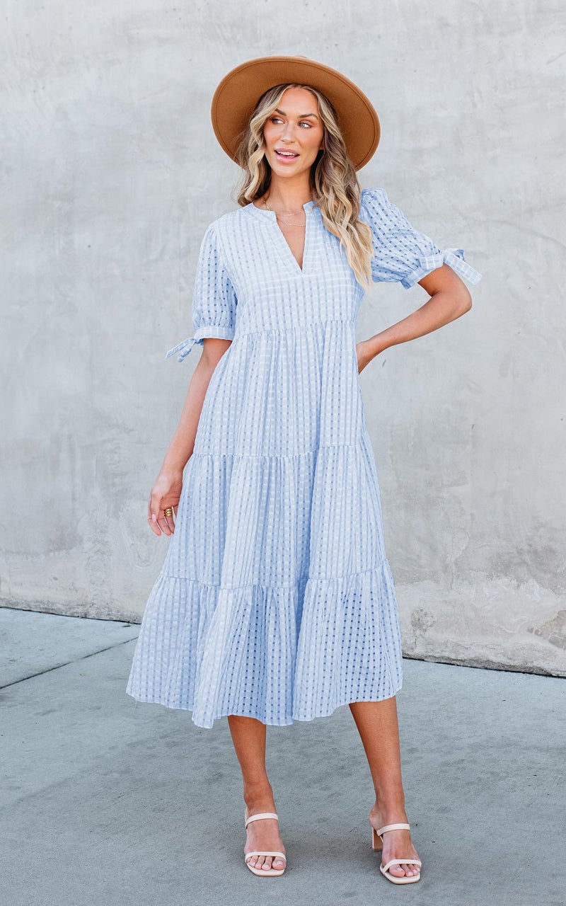 ECOWISH Women Summer Casual Dress - V Neck Short Sleeve Gingham Midi Pleated Tiered Loose Fit Holiday Picnic Dresses Light Blue Small - Image 5