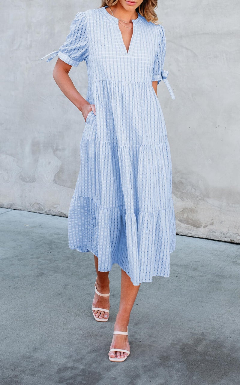 ECOWISH Women Summer Casual Dress - V Neck Short Sleeve Gingham Midi Pleated Tiered Loose Fit Holiday Picnic Dresses Light Blue Small - Image 3