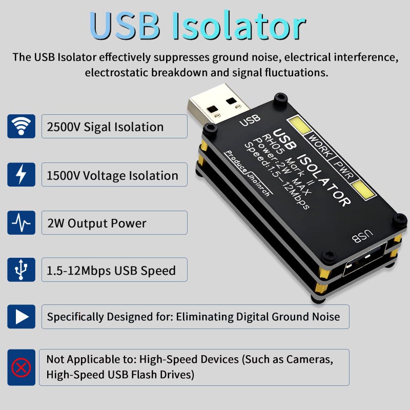 Jhoinrch عازل USB Jhoinrch مع شريحة ADUM3160 2W/400mA مزود طاقة منظم 5V يدعم سرعة كاملة 12Mbps فقط وعزل جهد 1.5KV - Image 2