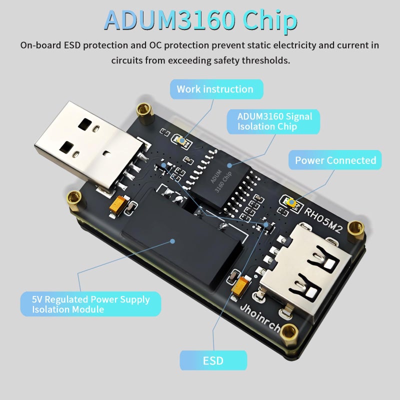 Jhoinrch عازل USB Jhoinrch مع شريحة ADUM3160 2W/400mA مزود طاقة منظم 5V يدعم سرعة كاملة 12Mbps فقط وعزل جهد 1.5KV - Image 4