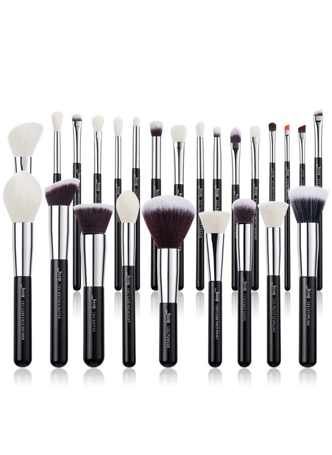 Jessup 25pcs Professional Makeup Brush Set Foundation Powder Concealer Eyeshadow Blending Blush Highlighter Natural-Synthetic Hair Brushes (Black/Silver)  - Image 1