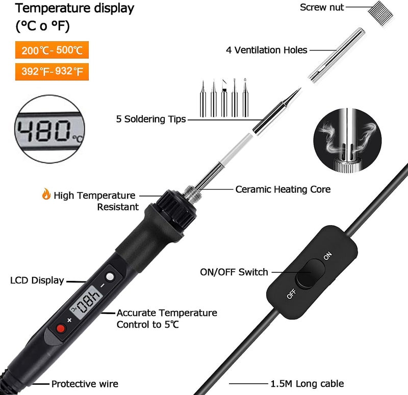 Serplex® Soldering Iron Kit with 5 Different Soldering Tips, 80W/220V 200-500°C Temperature Adjustable Soldering Iron with LCD Digital Display Welding Tool Fast Heating Solder Iron - Image 4