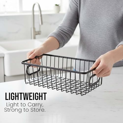 Go Hooked Multipurpose 10" Metal Modern Wire Grid Design Bathroom Storage Organizer Basket Bin for Organization in Cabinets Bedroom, Kitchen, Bathroom, Garage (Set of 1, Black) - Image 3