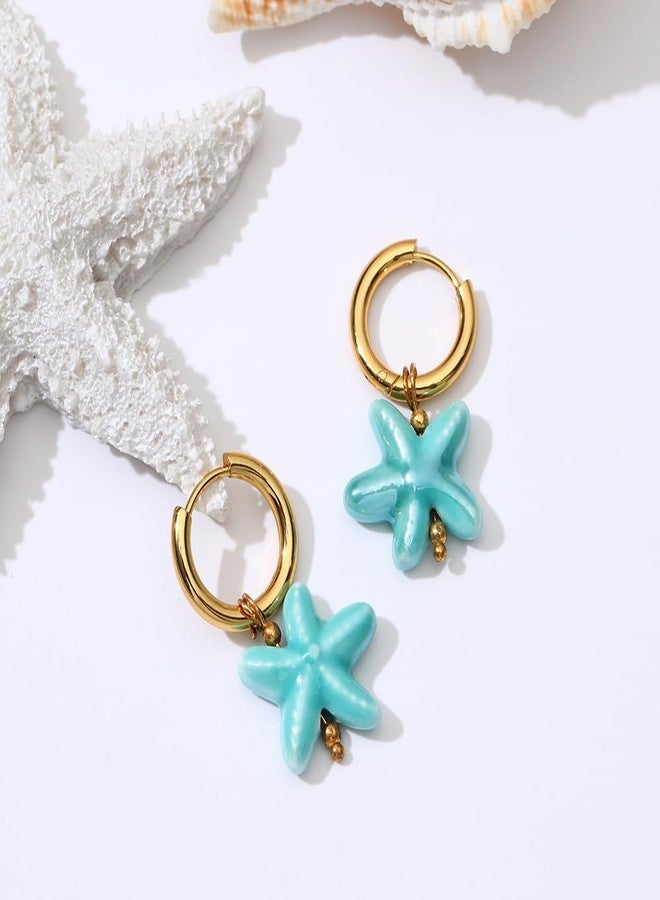 KURTCB Starfish Earrings Gold Stainless Steel Hoop Ceramic Starfish Huggie Earrings Coastal Beachy Summer Beach Hawaiian Jewelry for Women (Blue) - Image 2