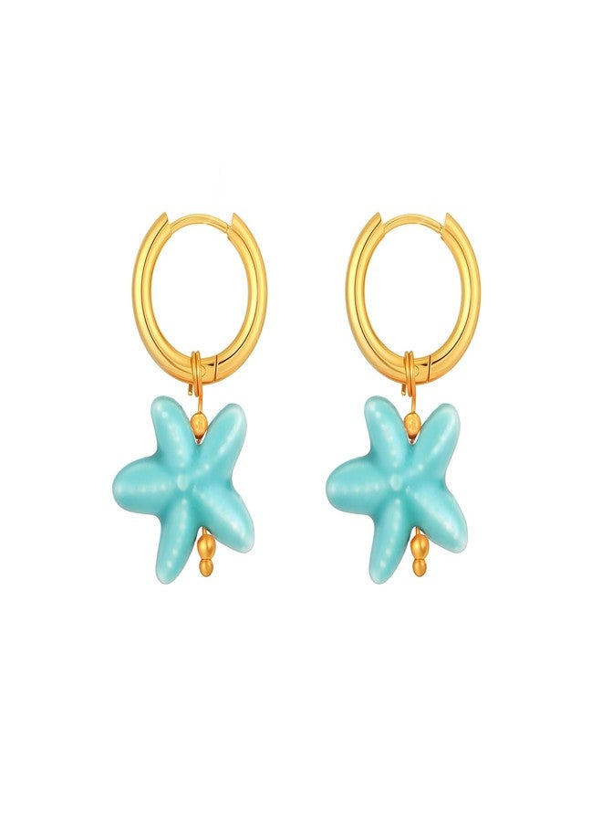 KURTCB Starfish Earrings Gold Stainless Steel Hoop Ceramic Starfish Huggie Earrings Coastal Beachy Summer Beach Hawaiian Jewelry for Women (Blue) - Image 1