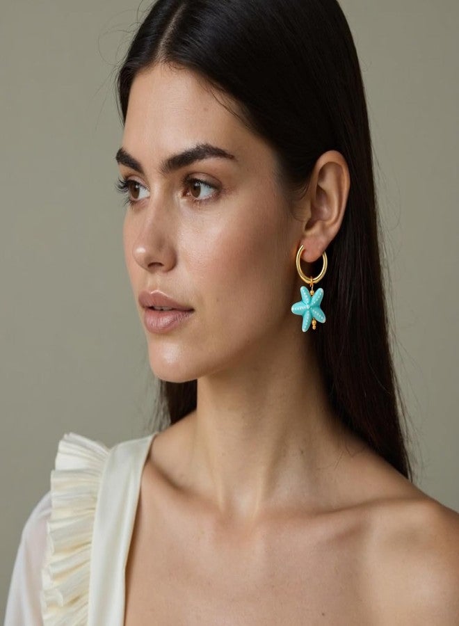 KURTCB Starfish Earrings Gold Stainless Steel Hoop Ceramic Starfish Huggie Earrings Coastal Beachy Summer Beach Hawaiian Jewelry for Women (Blue) - Image 4