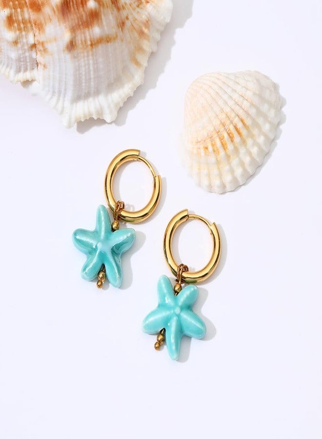 KURTCB Starfish Earrings Gold Stainless Steel Hoop Ceramic Starfish Huggie Earrings Coastal Beachy Summer Beach Hawaiian Jewelry for Women (Blue) - Image 3