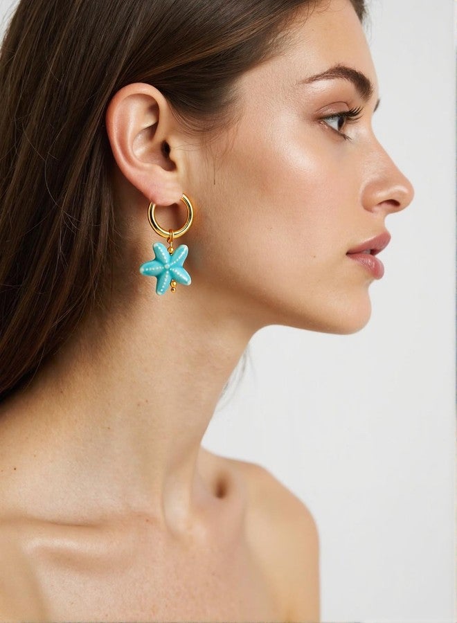 KURTCB Starfish Earrings Gold Stainless Steel Hoop Ceramic Starfish Huggie Earrings Coastal Beachy Summer Beach Hawaiian Jewelry for Women (Blue) - Image 5