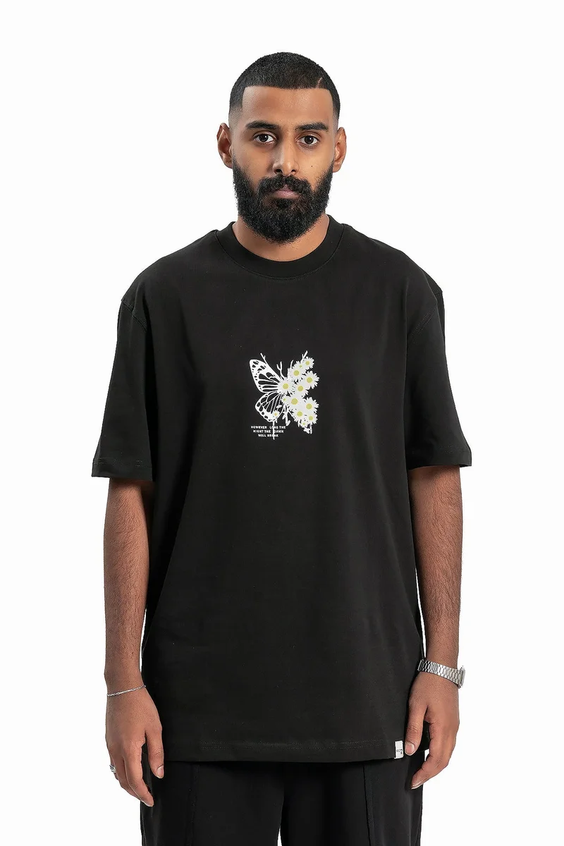 Wecre8 Men's Black Butterfly/Daisies T-shirt By WECRE8