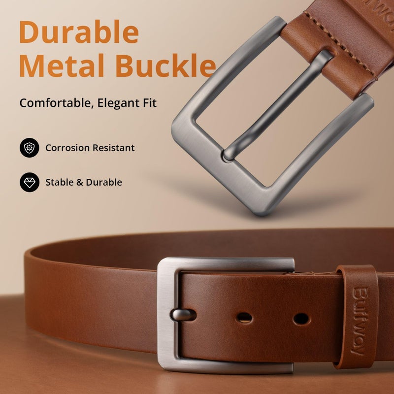 Buffway Buffway Leather Belt for Men - Durable Full Grain Men's Belt 1.5", Versatile for Daily Use, with Gift Box- 52” Brown  - Image 3