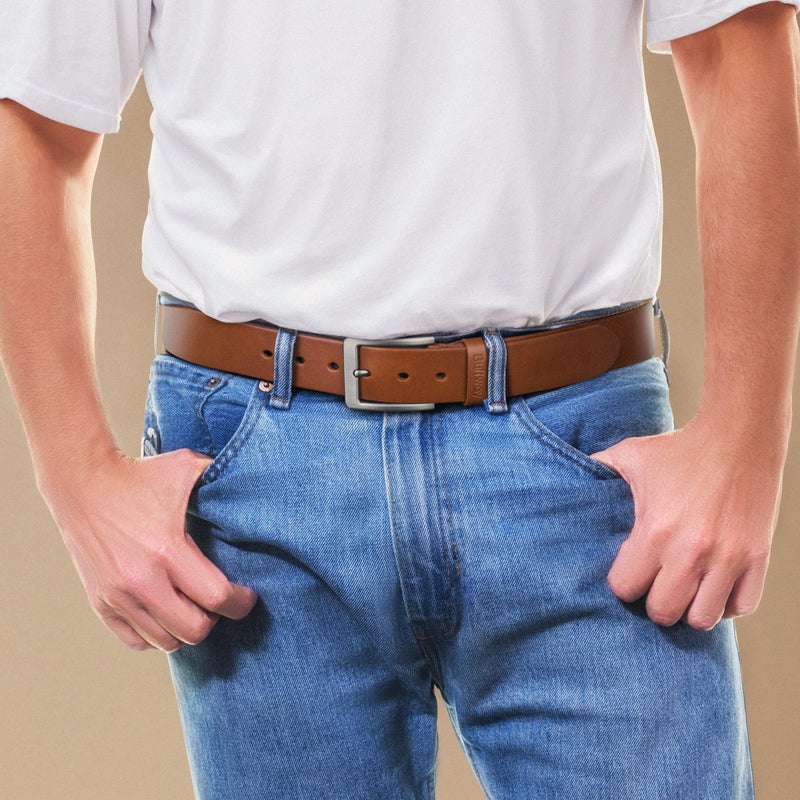 Buffway Buffway Leather Belt for Men - Durable Full Grain Men's Belt 1.5", Versatile for Daily Use, with Gift Box- 52” Brown  - Image 2