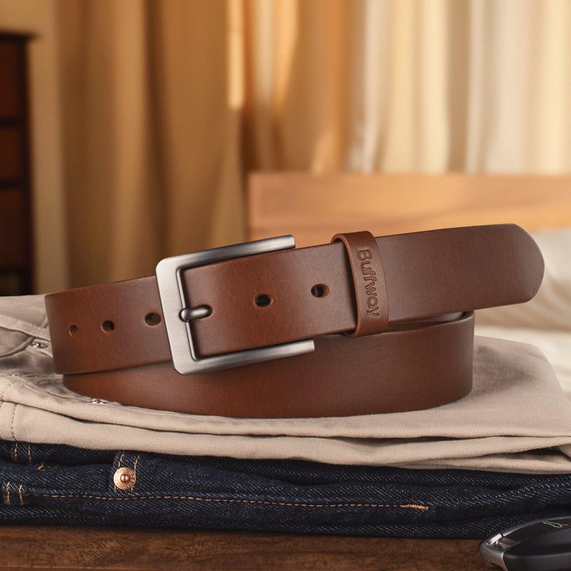 Buffway Buffway Leather Belt for Men - Durable Full Grain Men's Belt 1.5", Versatile for Daily Use, with Gift Box- 52” Brown  - Image 5