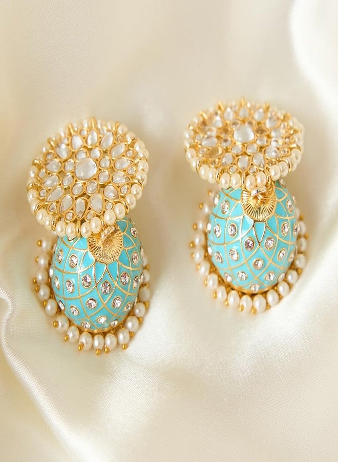 Moonstruck Traditional Indian Dome Shaped Golden Jhumka/Jhumki Earrings with Meenakari & Pearls for Women (Aqua Blue) (Aqua) - Image 3