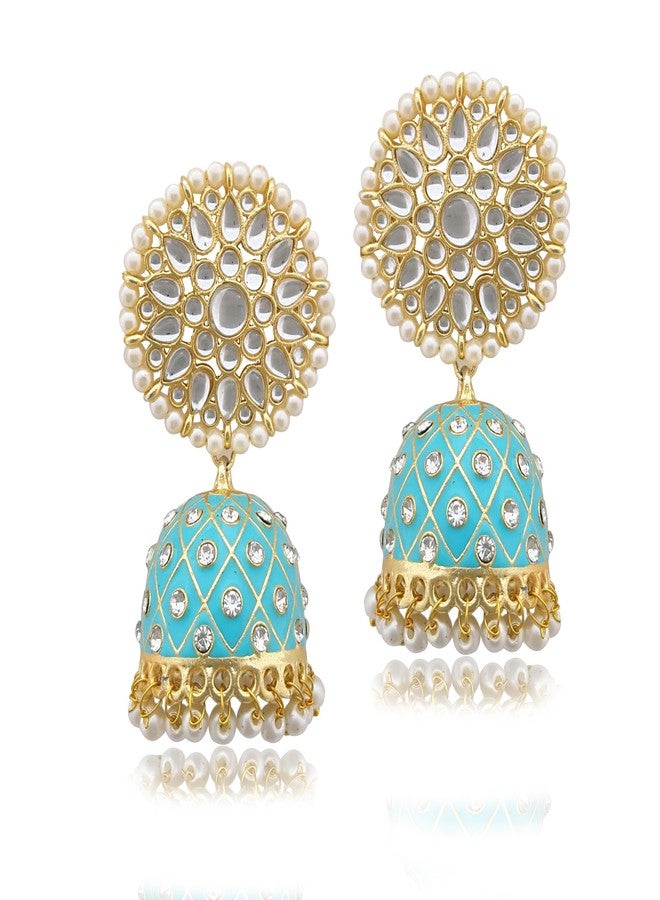 Moonstruck Traditional Indian Dome Shaped Golden Jhumka/Jhumki Earrings with Meenakari & Pearls for Women (Aqua Blue) (Aqua) - Image 1
