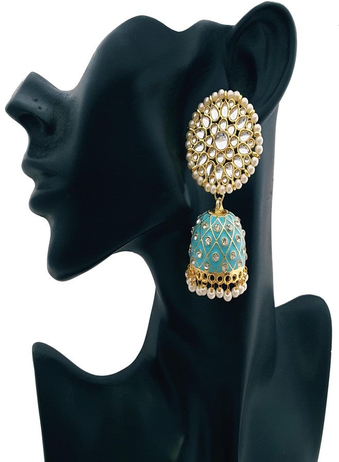 Moonstruck Traditional Indian Dome Shaped Golden Jhumka/Jhumki Earrings with Meenakari & Pearls for Women (Aqua Blue) (Aqua) - Image 2