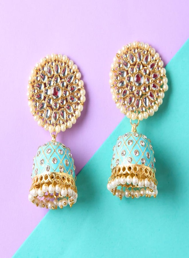 Moonstruck Traditional Indian Dome Shaped Golden Jhumka/Jhumki Earrings with Meenakari & Pearls for Women (Aqua Blue) (Aqua) - Image 5