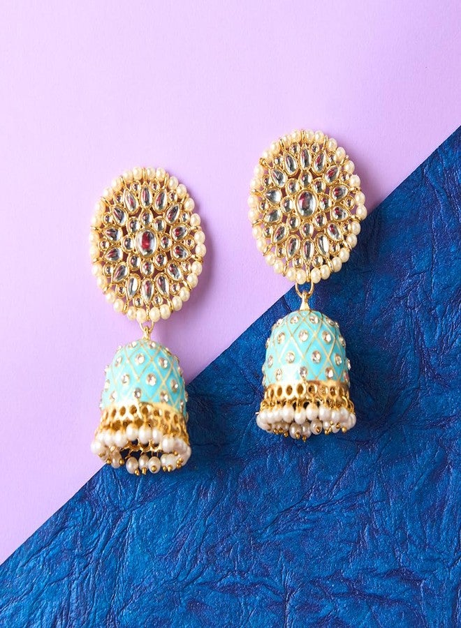 Moonstruck Traditional Indian Dome Shaped Golden Jhumka/Jhumki Earrings with Meenakari & Pearls for Women (Aqua Blue) (Aqua) - Image 4