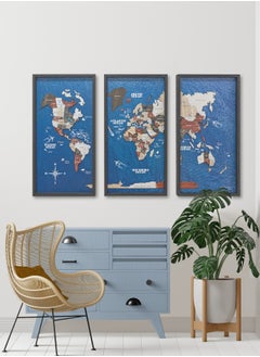 Enjoy The Wood - Triptych Framed World Map with Ocean Background Wall Art Wood Travel Decor 3D World Map On Board Wall Rustic Decoration Housewarming Gift - Urban Ocean