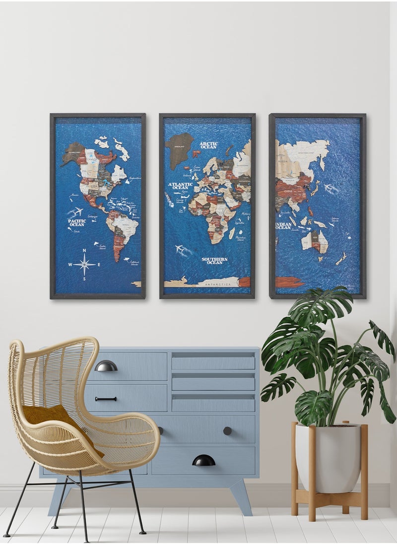 Enjoy The Wood - Enjoy The Wood - Triptych Framed World Map with Ocean Background Wall Art Wood Travel Decor 3D World Map On Board Wall Rustic Decoration Housewarming Gift - Urban Ocean - Image 1