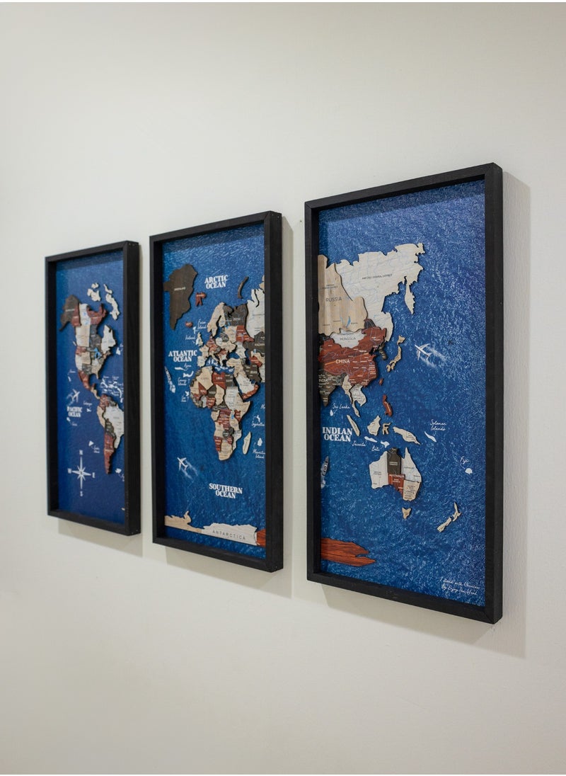 Enjoy The Wood - Enjoy The Wood - Triptych Framed World Map with Ocean Background Wall Art Wood Travel Decor 3D World Map On Board Wall Rustic Decoration Housewarming Gift - Urban Ocean - Image 1