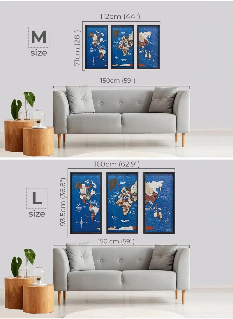 Enjoy The Wood - Enjoy The Wood - Triptych Framed World Map with Ocean Background Wall Art Wood Travel Decor 3D World Map On Board Wall Rustic Decoration Housewarming Gift - Urban Ocean - Image 1