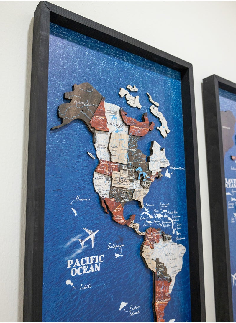 Enjoy The Wood - Enjoy The Wood - Triptych Framed World Map with Ocean Background Wall Art Wood Travel Decor 3D World Map On Board Wall Rustic Decoration Housewarming Gift - Urban Ocean - Image 1