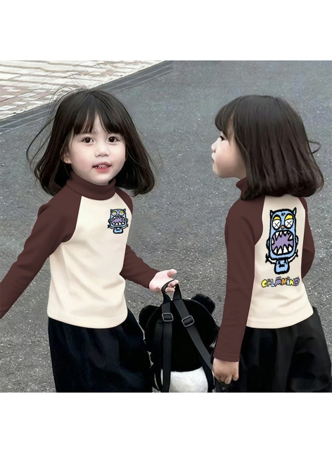 Girls' Thermal Base Layer Top Autumn And Winternew Style For Older Children, Half Turtleneck, Warm Inner Layer, Color-blocking Long Sleeves