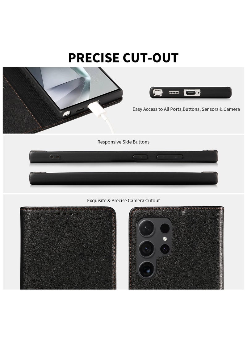 Generic Samsung Galaxy S25 Ultra Case Genuine Leather Wallet Case Magnetic Buckle Cases Card Holder Shockproof Flip Cover - Black  - Image 4