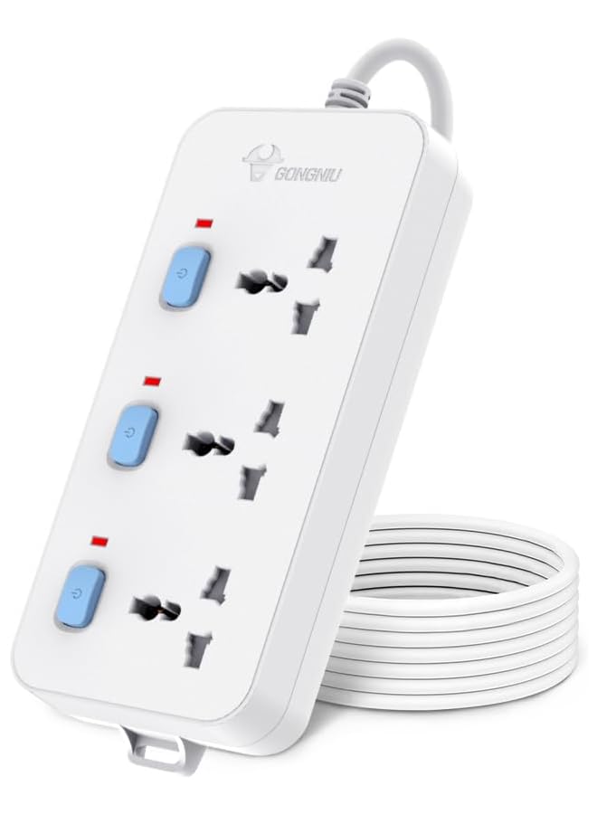 GONGNIU لوحة تمديد طاقة GONGNIU 3 مآخذ مع 3 مفتاح و 3 م سلك | تمديد طاقة عالمي للمنزل والمكتب | مآخذ متعددة عالمية - Image 1