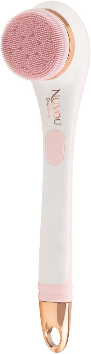JML NuYou Electric Body Brush Rechargeable Silicone Body Scrubber with 6 Interchangeable Heads to Cleanse Massage and Exfoliate Foot and Back Scrubbers for use in Shower and Bath with Long Handle