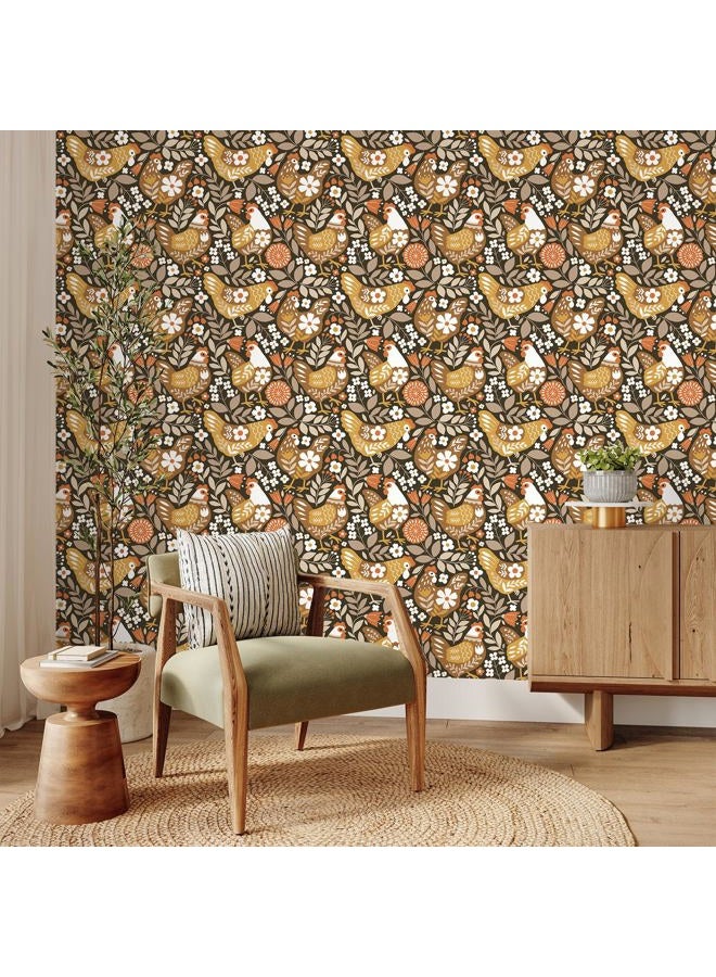 VaryStyle Vintage Chicken Wallpaper Brown Farm Animal Floral Peel and Stick Wallpaper for Bedroom Nursery Farmhouse Removable Self Adhesive Vinyl Retro Contact Paper for Kids Room Cabinets 17.7"x118" - Image 3