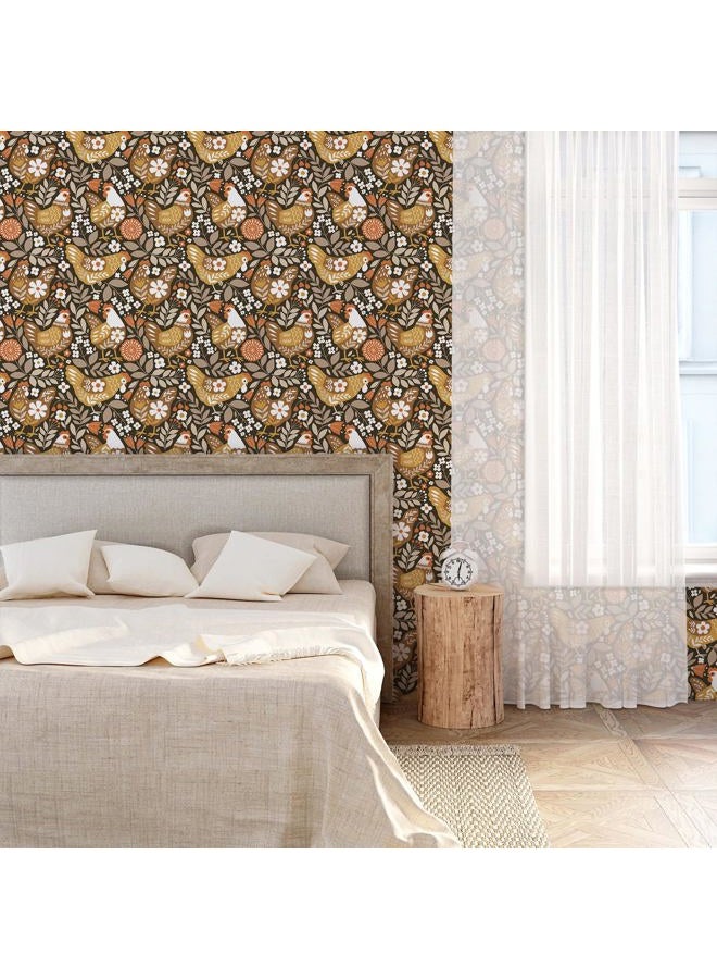 VaryStyle Vintage Chicken Wallpaper Brown Farm Animal Floral Peel and Stick Wallpaper for Bedroom Nursery Farmhouse Removable Self Adhesive Vinyl Retro Contact Paper for Kids Room Cabinets 17.7"x118" - Image 5