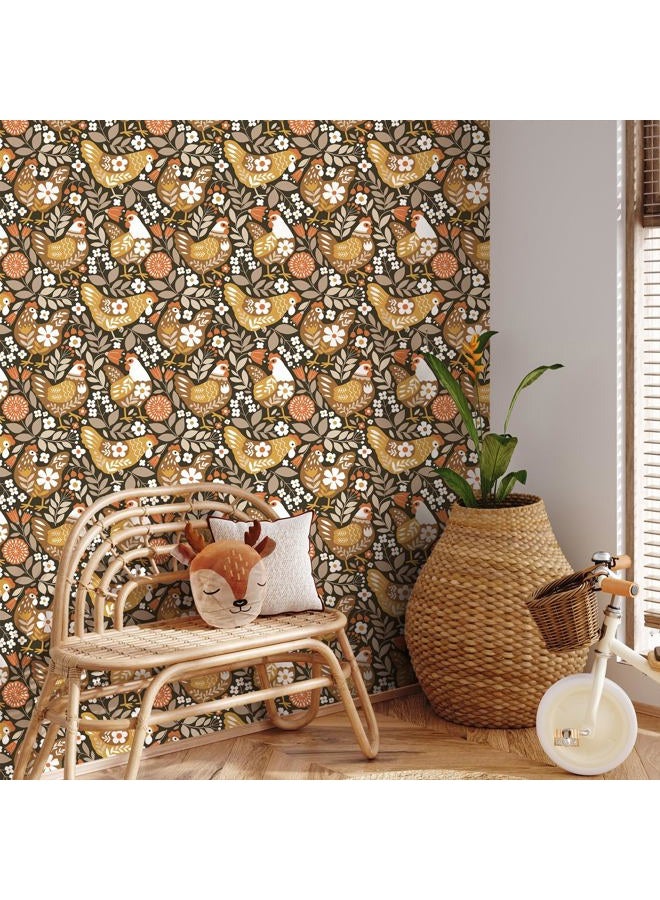 VaryStyle Vintage Chicken Wallpaper Brown Farm Animal Floral Peel and Stick Wallpaper for Bedroom Nursery Farmhouse Removable Self Adhesive Vinyl Retro Contact Paper for Kids Room Cabinets 17.7"x118" - Image 2