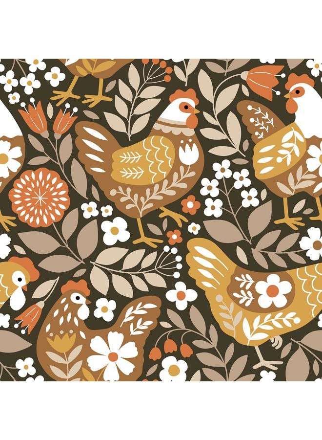 VaryStyle Vintage Chicken Wallpaper Brown Farm Animal Floral Peel and Stick Wallpaper for Bedroom Nursery Farmhouse Removable Self Adhesive Vinyl Retro Contact Paper for Kids Room Cabinets 17.7"x118" - Image 1