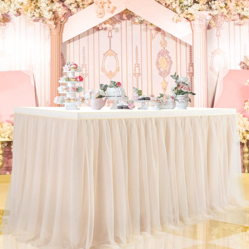 14FT Champagne Beige Tulle Table Skirt Champagne Tutu Table Skirts for Wedding Birthday Party Baby Shower