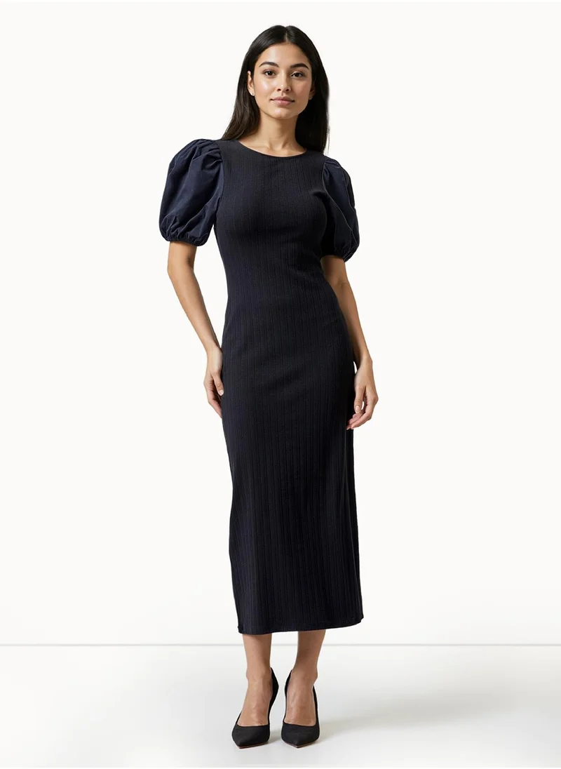 French Connection Puff Sleeve Cotton Blend Mid-Calf Dress