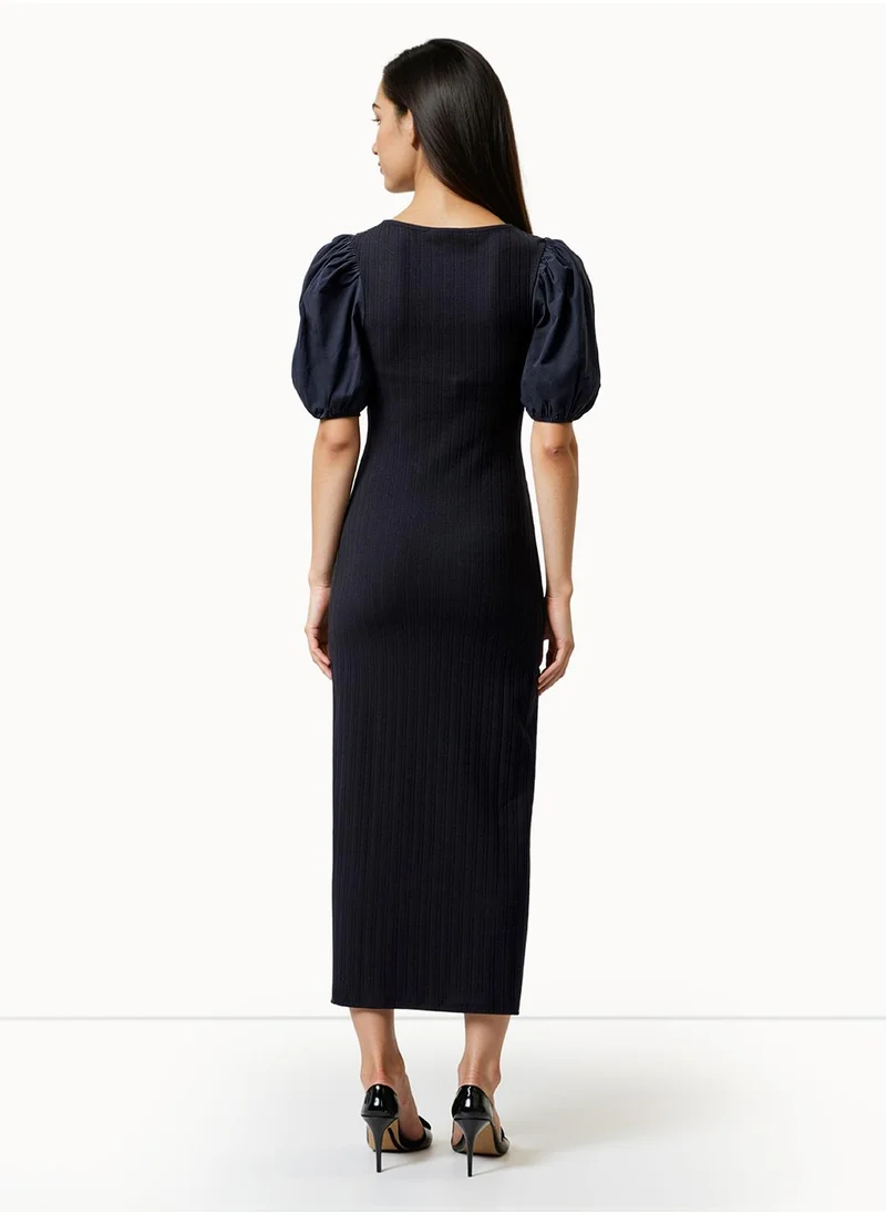 French Connection Puff Sleeve Cotton Blend Mid-Calf Dress