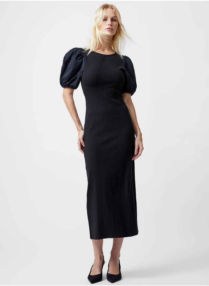 فرنش كونكشن Puff Sleeve Cotton Blend Mid-Calf Dress