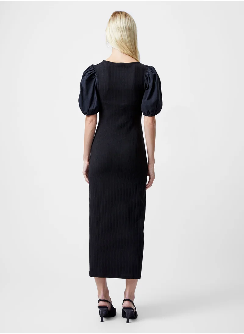 فرنش كونكشن Puff Sleeve Cotton Blend Mid-Calf Dress
