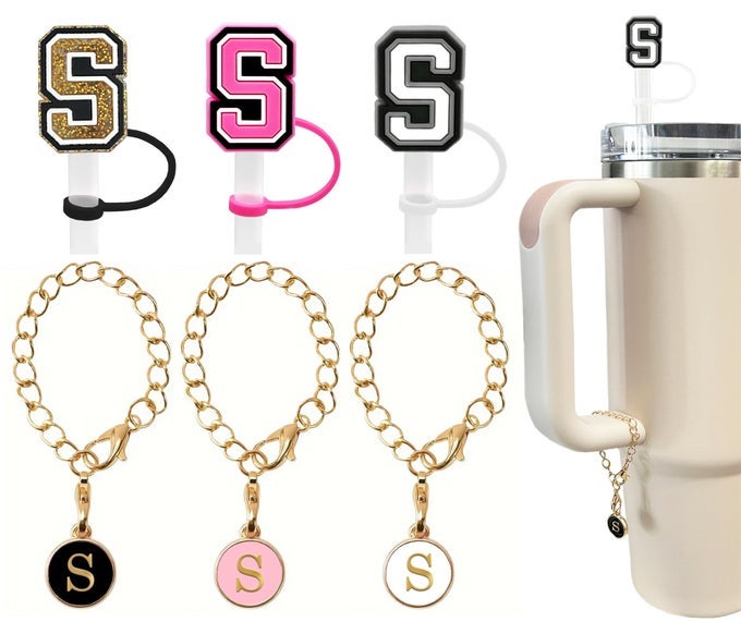 3 3 3PCS STRAW COVER 10MM FOR STANLEY TUMBLER CUP REUSABLE STRAW CAP TOPPER WITH 3 INITIAL LETTER CHARMS ACCESSORIES NAME ID PERSONALIZED HANDLE CHARM FOR STANLEY 3040 OZ CUP TUMBLER