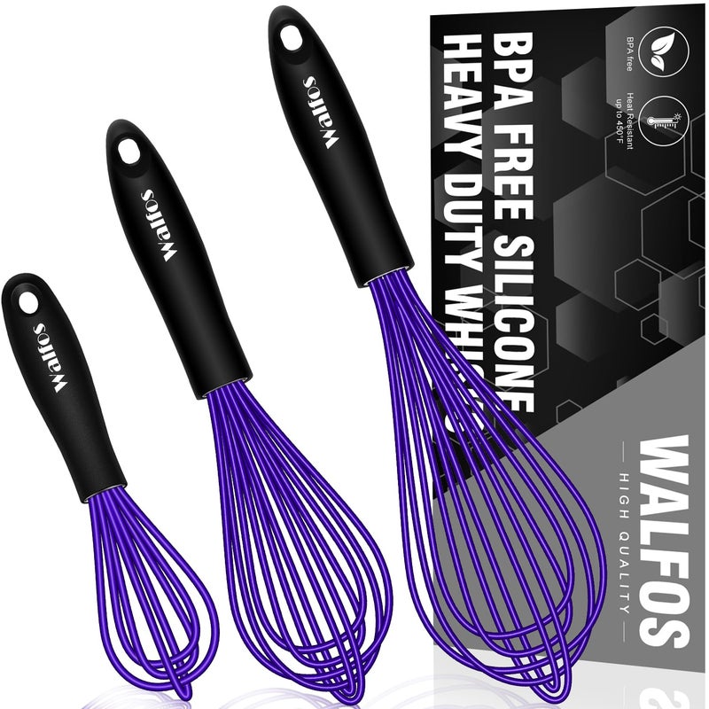 Walfos Whisk7911in Silicone Whisks for Cooking Non ScatchKitchen WhiskBPA Free and Heat Resistant 480FWisk Perfect for FrothingBlendingBeatingDishwasher Safe 3pcs Dark Purple
