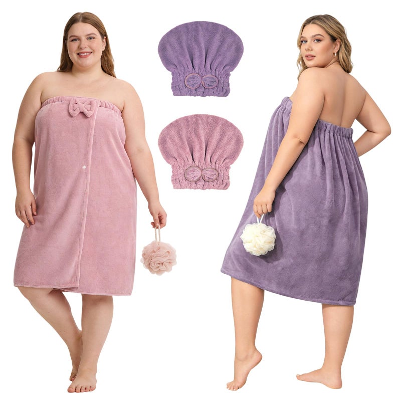 Hokoad 2 Sets Plus Size Towel Wraps for Women, Adjustable Shower Wrap Towel with Hair Towel Wrap, Oversize Wrap Around Towels Soft Elasticity Towel Dress, Quick Drying, Pink and Purple XXL-XXXXL - Image 1