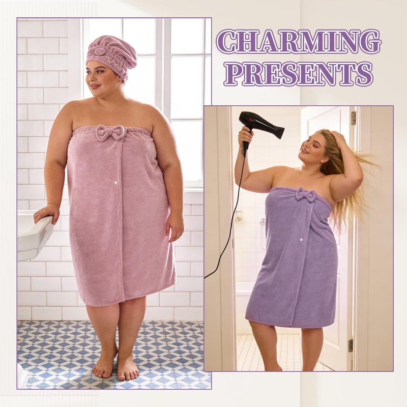 Hokoad 2 Sets Plus Size Towel Wraps for Women, Adjustable Shower Wrap Towel with Hair Towel Wrap, Oversize Wrap Around Towels Soft Elasticity Towel Dress, Quick Drying, Pink and Purple XXL-XXXXL - Image 3