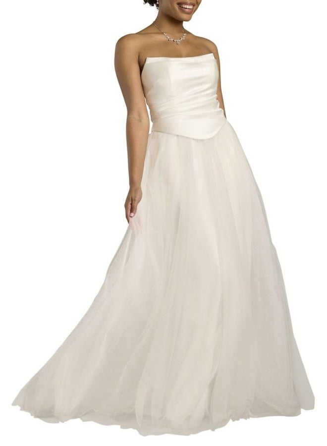 David's Bridal Strapless Satin and Tulle Ball Gown Wedding Dress, Soft White, 12 - Image 1