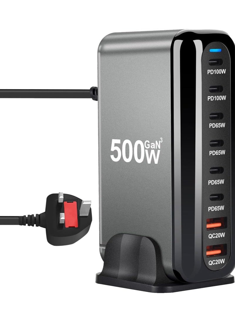 ماركة غير محددة محطة شحن USB A & USB C بقدرة 500 واط، 6 منافذ من النوع C 【2 × 100 واط، 4 × 65 واط】 ومنفذي USB 【QC20W】 محور محطة شحن من النوع C، تقنية GaN، قابس حائط سريع الشحن مع سلك طاقة 1.5 متر أسود  - Image 1