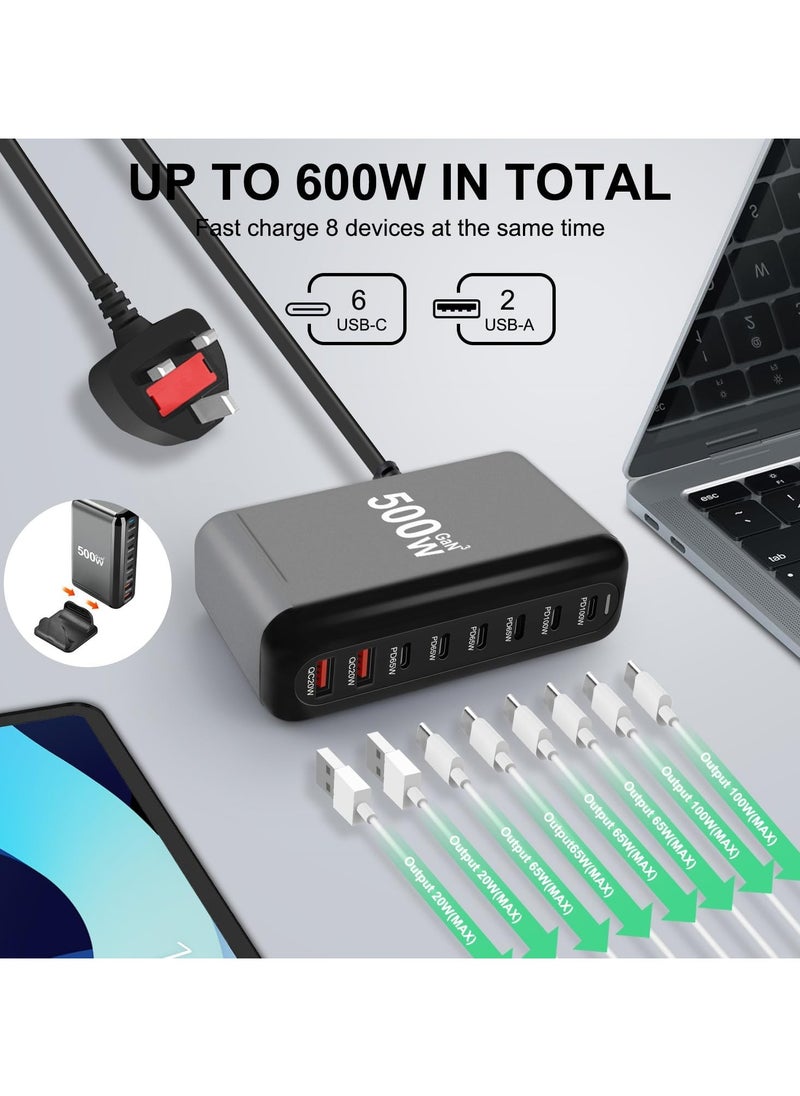 ماركة غير محددة محطة شحن USB A & USB C بقدرة 500 واط، 6 منافذ من النوع C 【2 × 100 واط، 4 × 65 واط】 ومنفذي USB 【QC20W】 محور محطة شحن من النوع C، تقنية GaN، قابس حائط سريع الشحن مع سلك طاقة 1.5 متر أسود  - Image 2