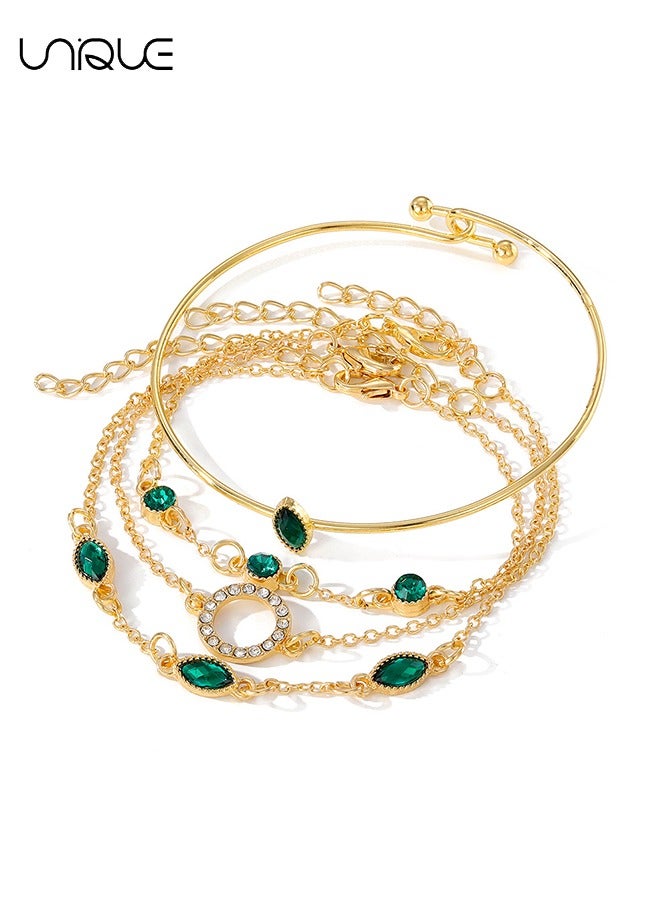 Unique 4 Piece Bracelet Set - Gold Bracelet with Green Diamonds - Rhinestone Bracelet - Stylish and Elegant - New Bracelet - Women's (Gold) - Image 1