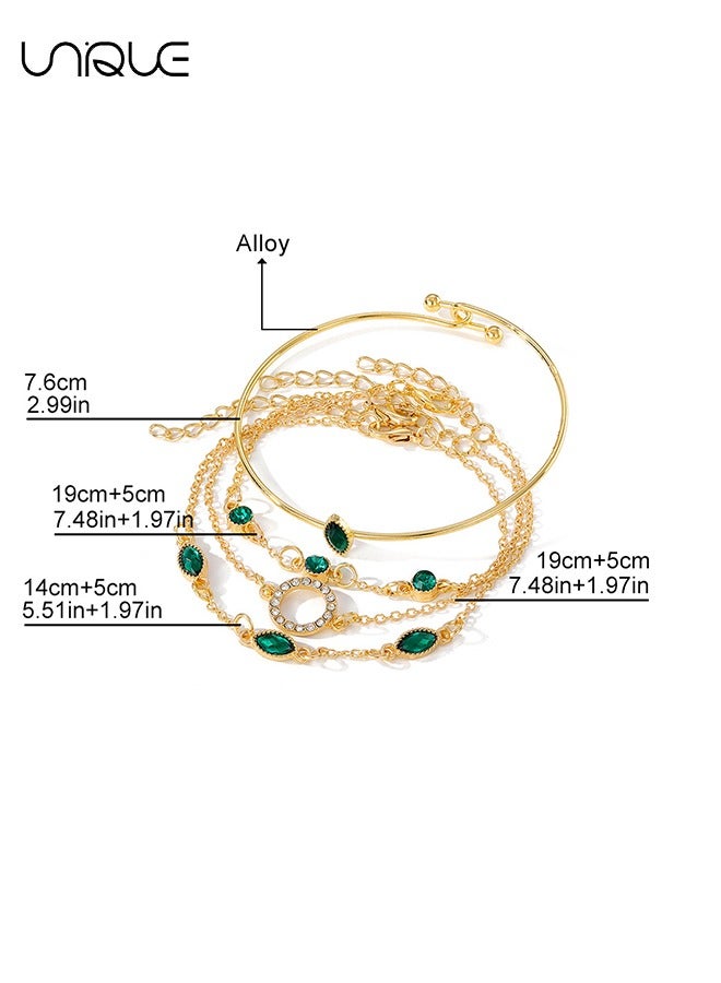 Unique 4 Piece Bracelet Set - Gold Bracelet with Green Diamonds - Rhinestone Bracelet - Stylish and Elegant - New Bracelet - Women's (Gold) - Image 2