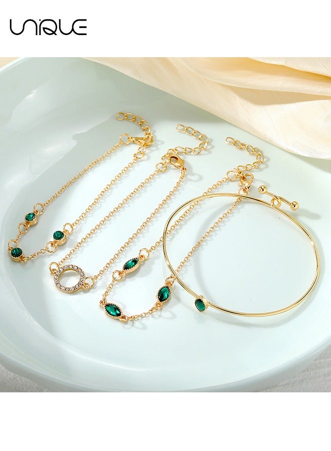 Unique 4 Piece Bracelet Set - Gold Bracelet with Green Diamonds - Rhinestone Bracelet - Stylish and Elegant - New Bracelet - Women's (Gold) - Image 3